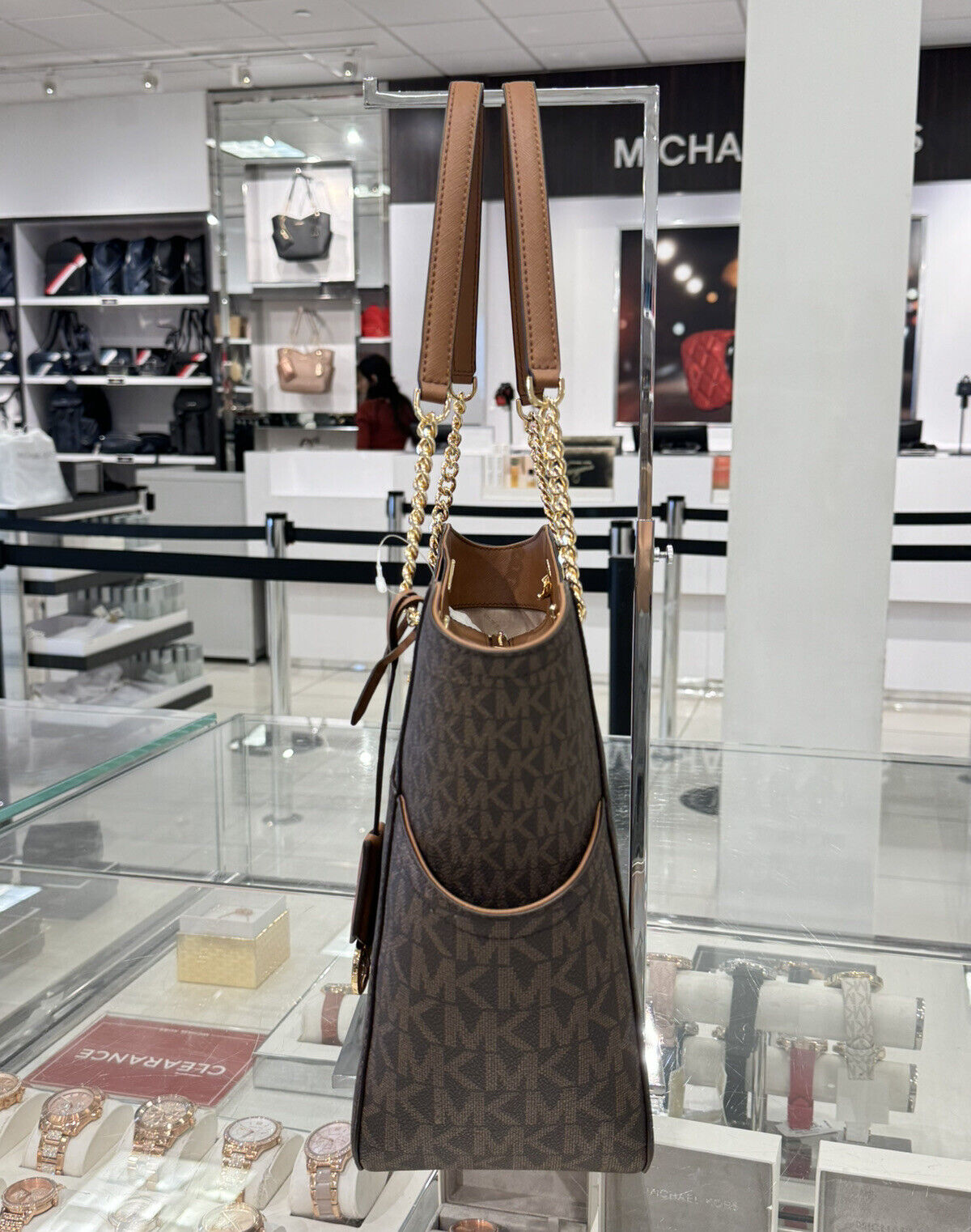 MICHAEL KORS JET SET TRAVEL LARGE CHAIN SHOULDER TOTE BAG MK BROWN 24Hr Smart