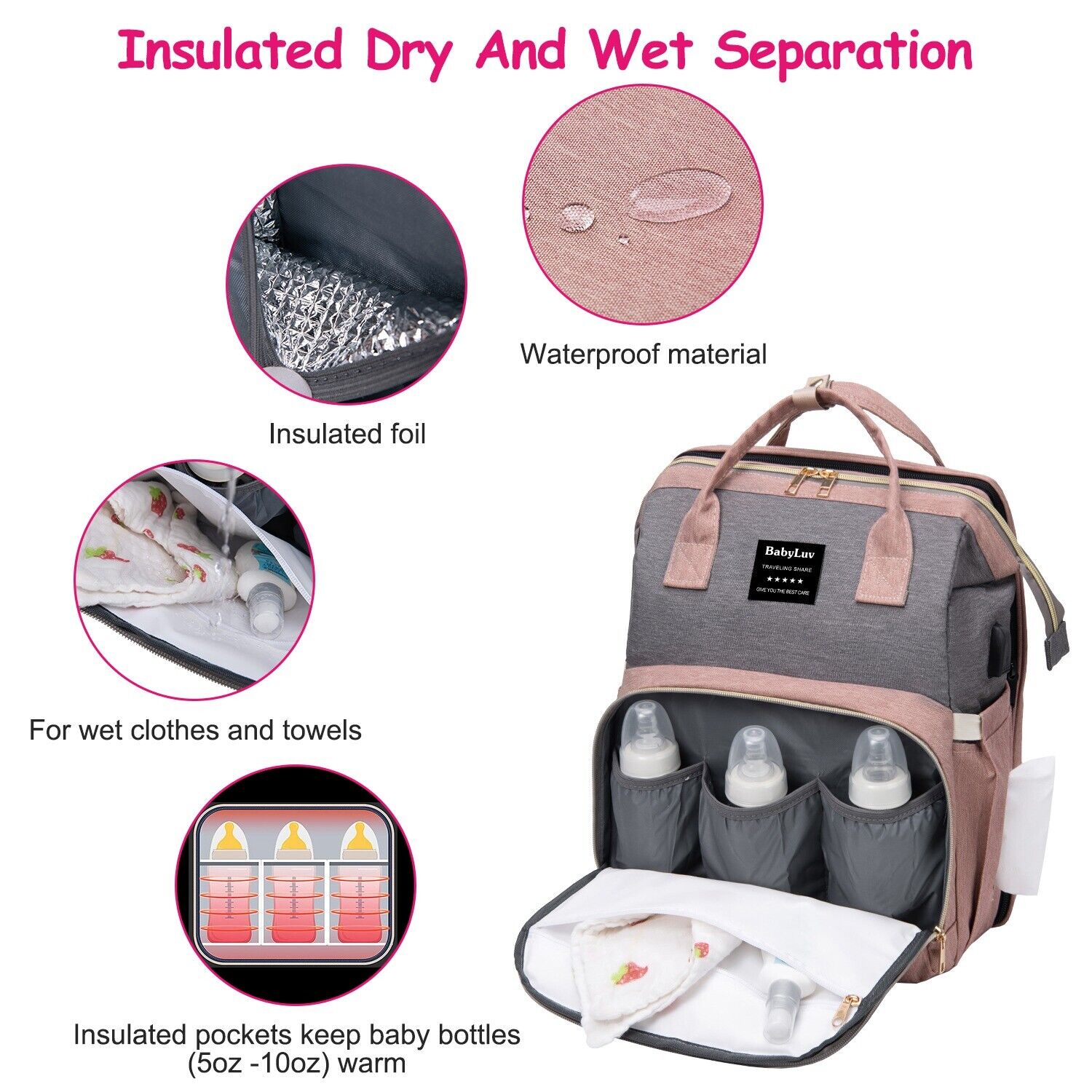 3-in-1 Baby Diaper Bag Backpack with Changing Station Portable Mommy Travel Bag 24Hr Smart