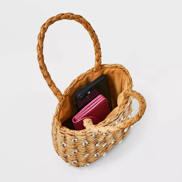 Mini Embellished Straw Bucket Bag 24Hr Smart