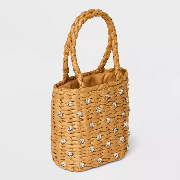 Mini Embellished Straw Bucket Bag 24Hr Smart