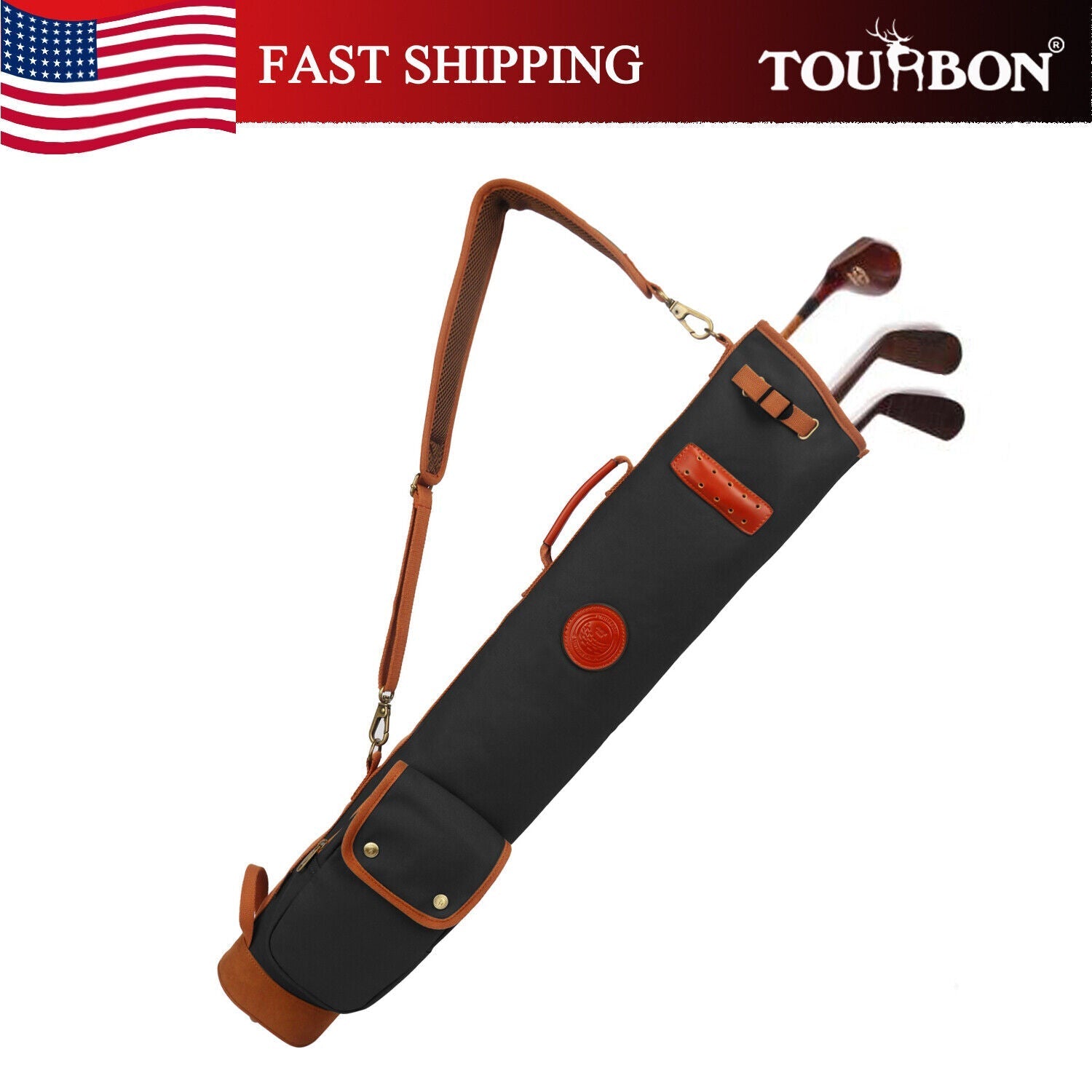 TOURBON Vintage Golf Bag Canvas & Leather Sunday Golf Carry Bag Shoulder Strap 24Hr Smart