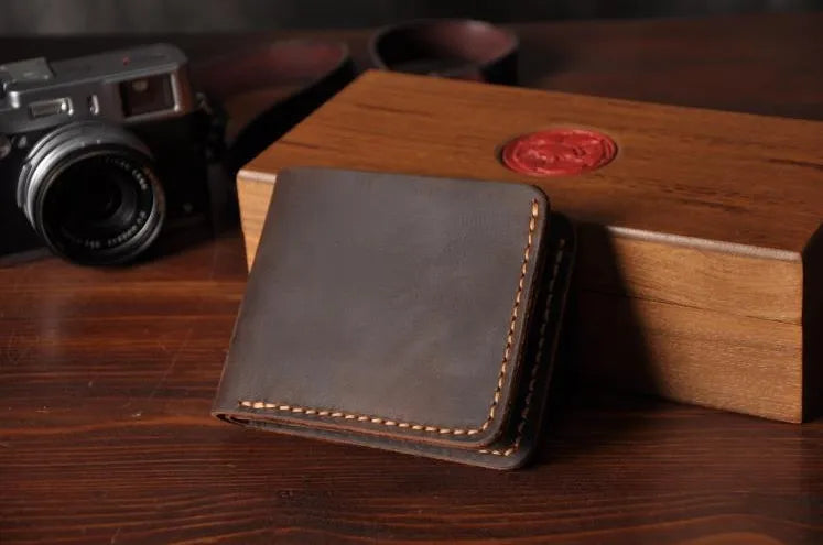 Handmade Vintage Crazy horse Genuine Leather Men Wallet Men Purse Leather Short Card Wallet for Male Money Clips Money bag 24Hr Smart