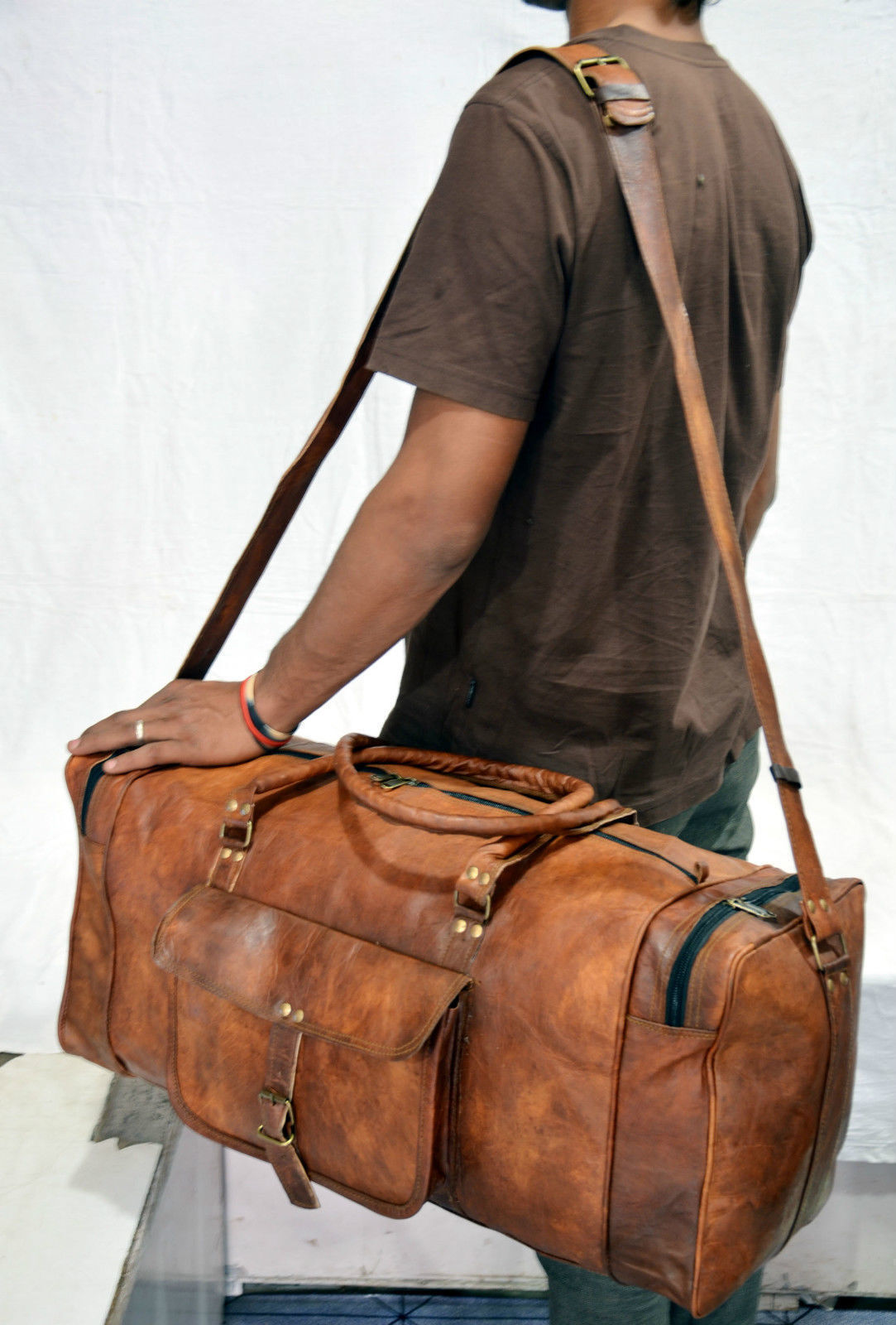 New Men's genuine Brown Leather Retro vintage Large Round duffle travel gym bag 24Hr Smart