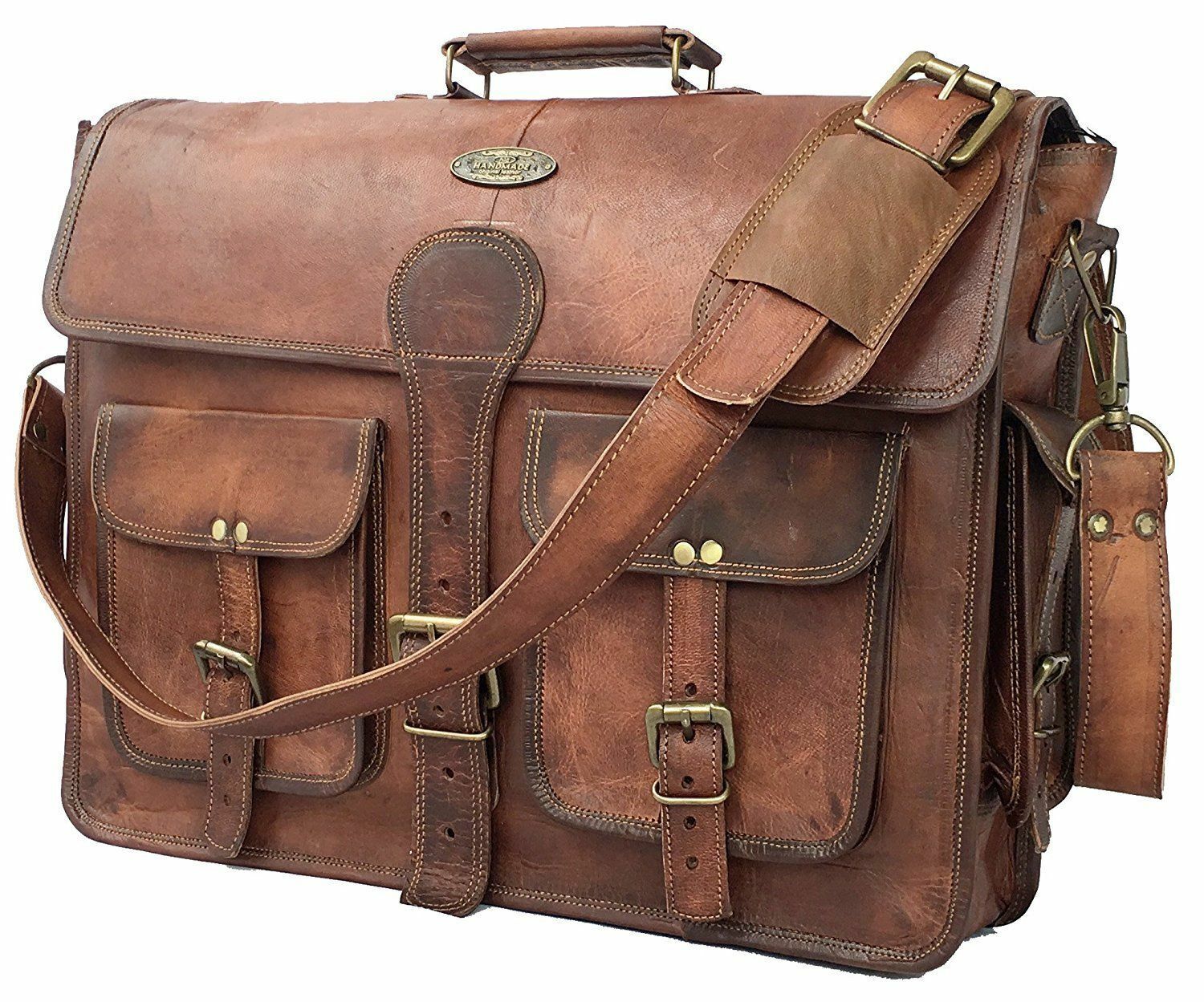 Handmade Men's Genuine Leather Vintage Laptop Messenger Briefcase Bag Satchel 24Hr Smart