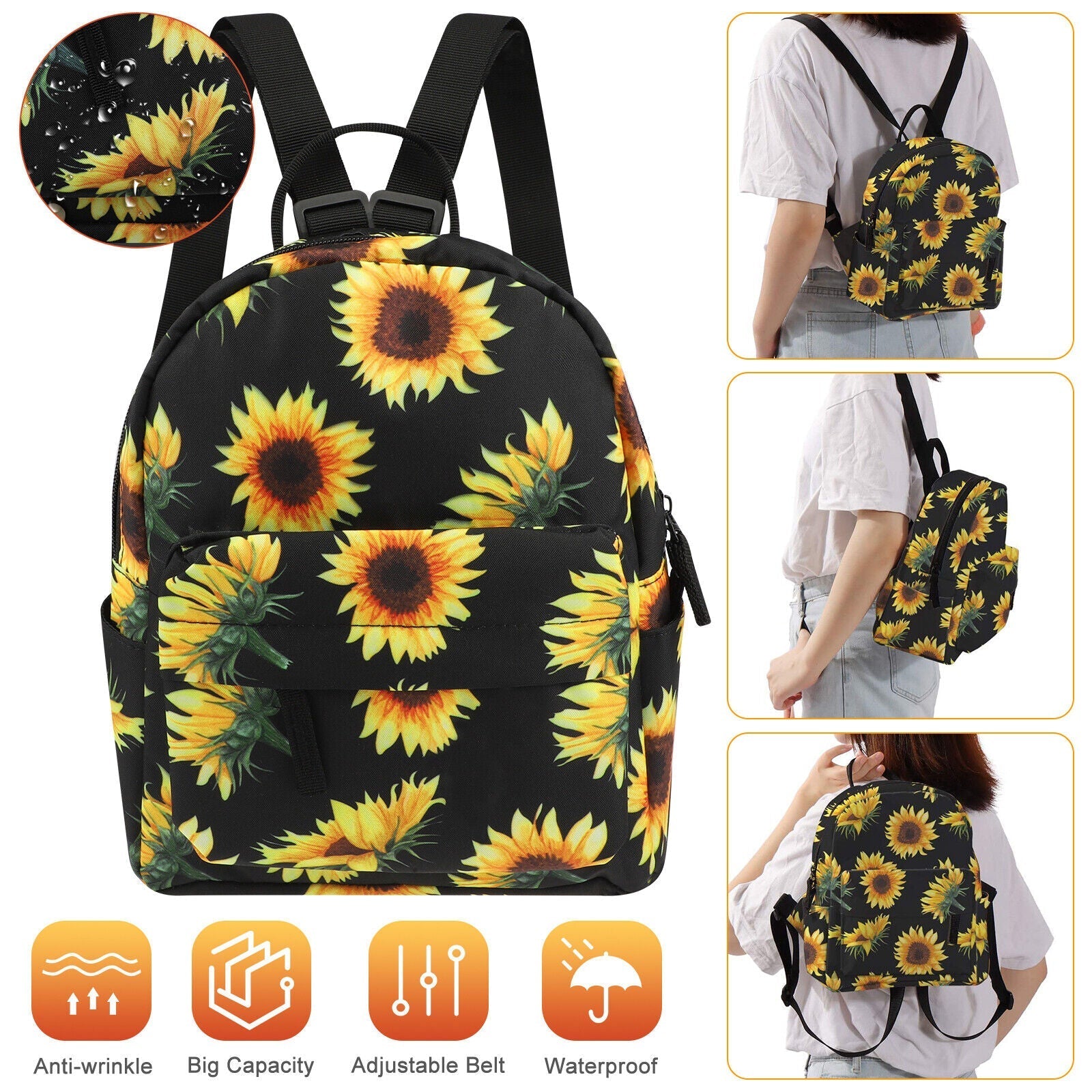 Waterproof Sunflower Backpack Women Purse Shoulder Rucksack Travel Bag Handbag 24Hr Smart