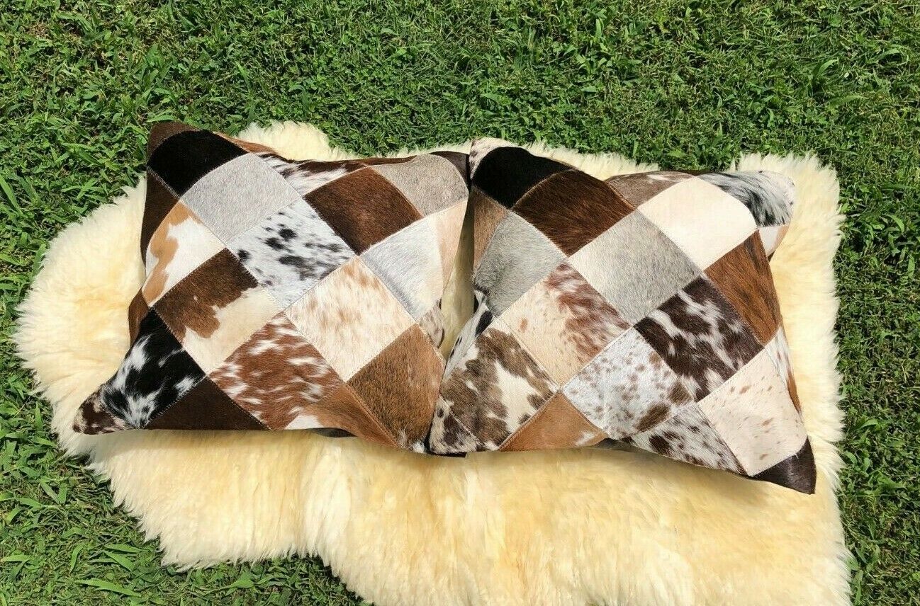 Cowhide Pillows Cushion Covers Leather Real Cow Hide Skin Patchwork 16" x 16" (Set of 2 Covers) 24Hr Smart
