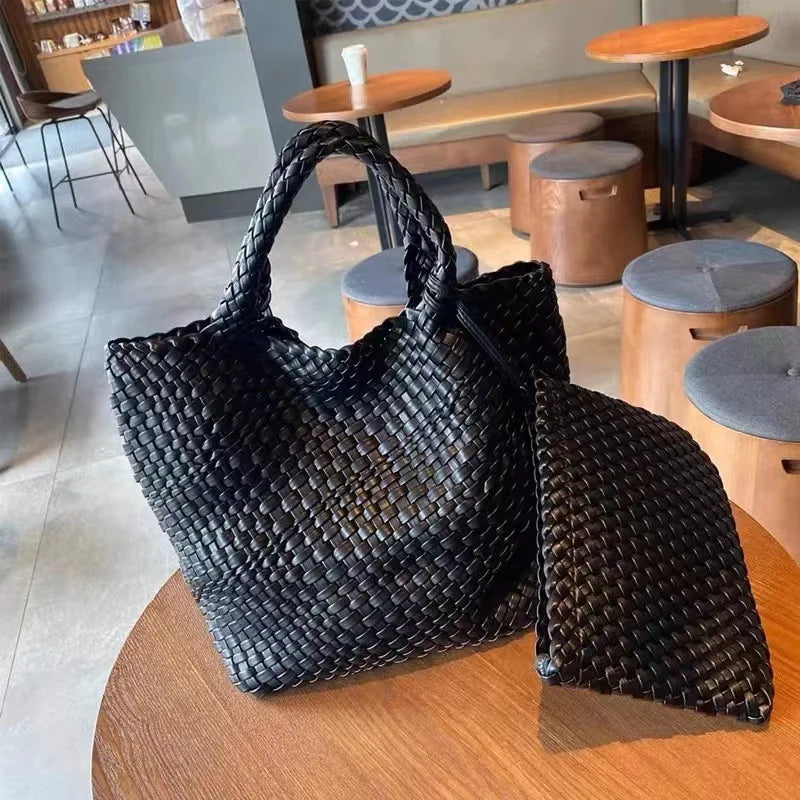 Women PU Leather Knitting Handbag Lady Fashion Classic Tote Female Quality Hand-woven Basket Shoulder Bag Messenger with Purse 24Hr Smart