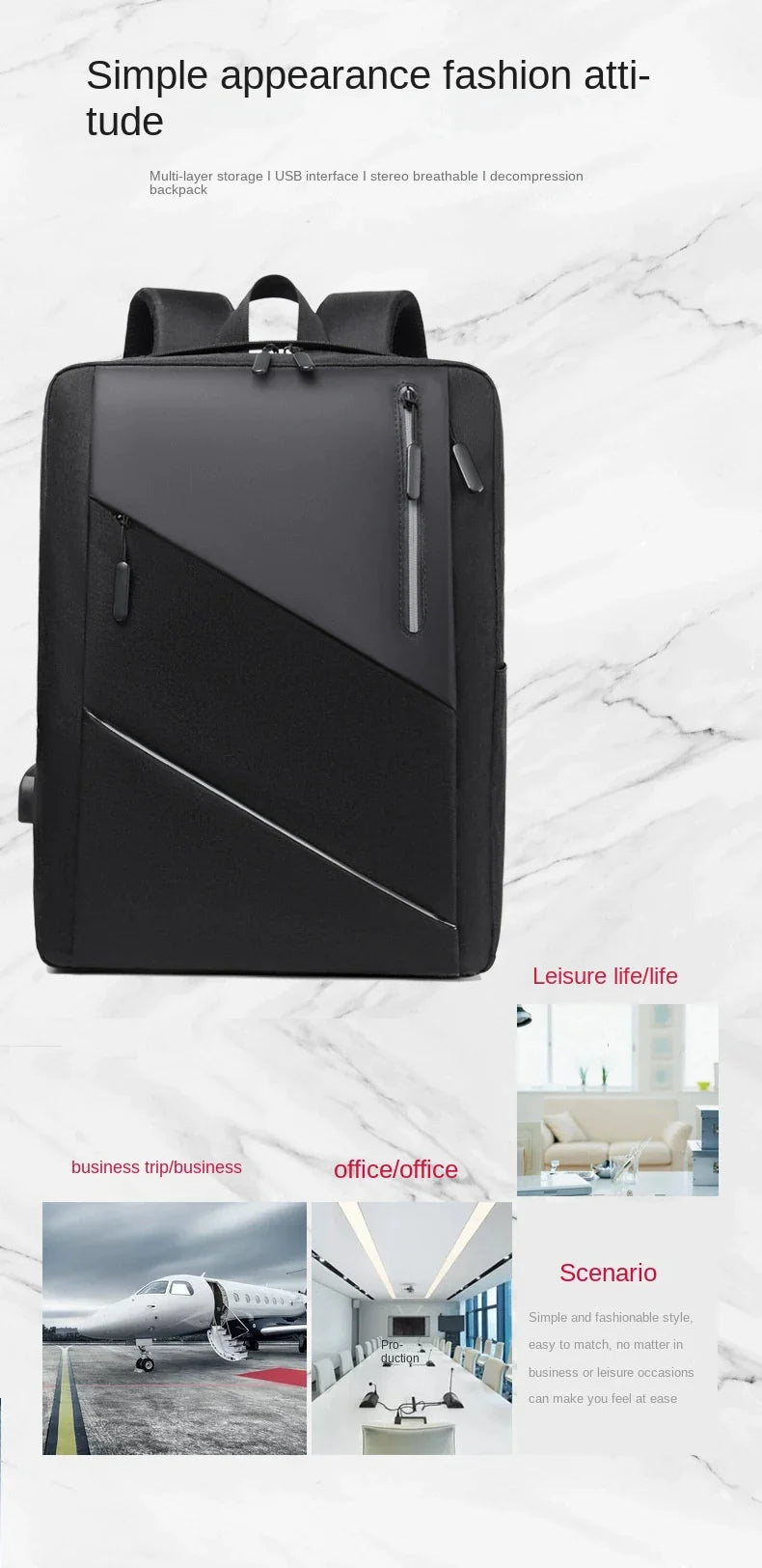 Large Capacity Waterproof Backpack , Casual Fashion Laptop Bag, Wear-Resistant, 24Hr Smart