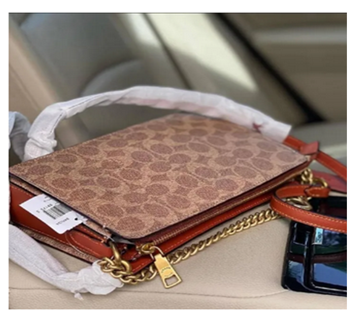 Coach Signature Chain Tan Rust Calf Leather Crossbody Bag For Women 24Hr Smart