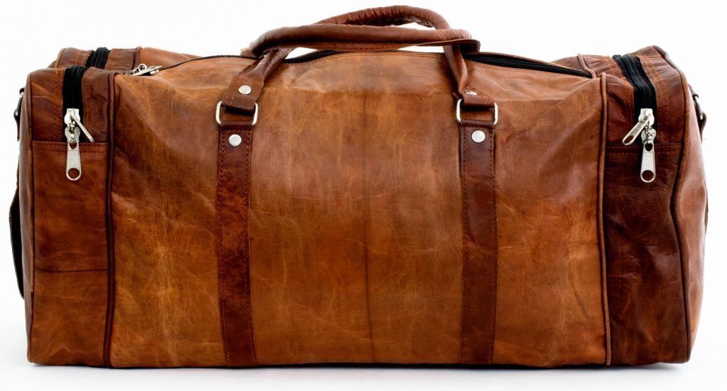 New Men's genuine Brown Leather Retro vintage Large Round duffle travel gym bag 24Hr Smart