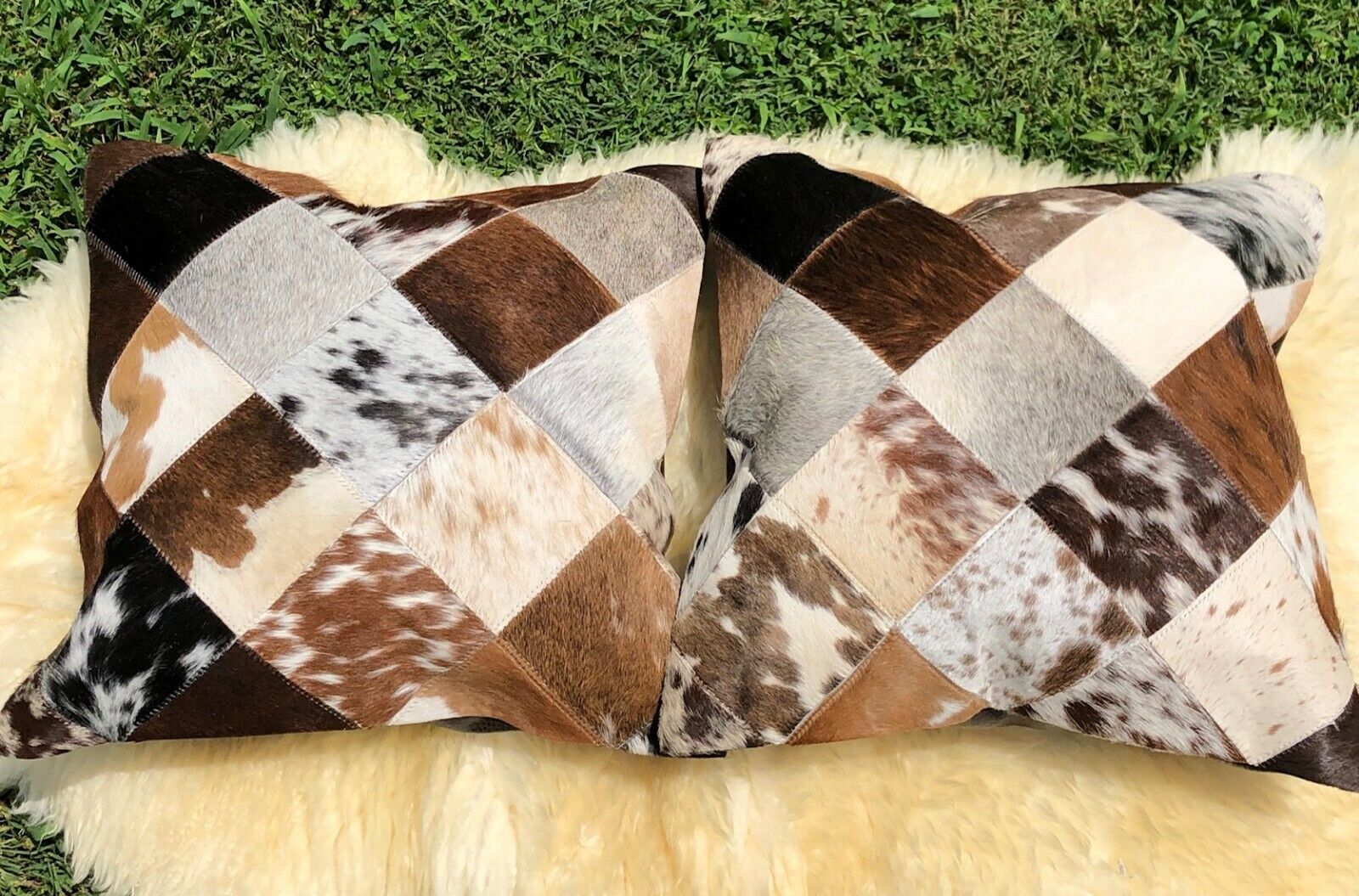 Cowhide Pillows Cushion Covers Leather Real Cow Hide Skin Patchwork 16" x 16" (Set of 2 Covers) 24Hr Smart