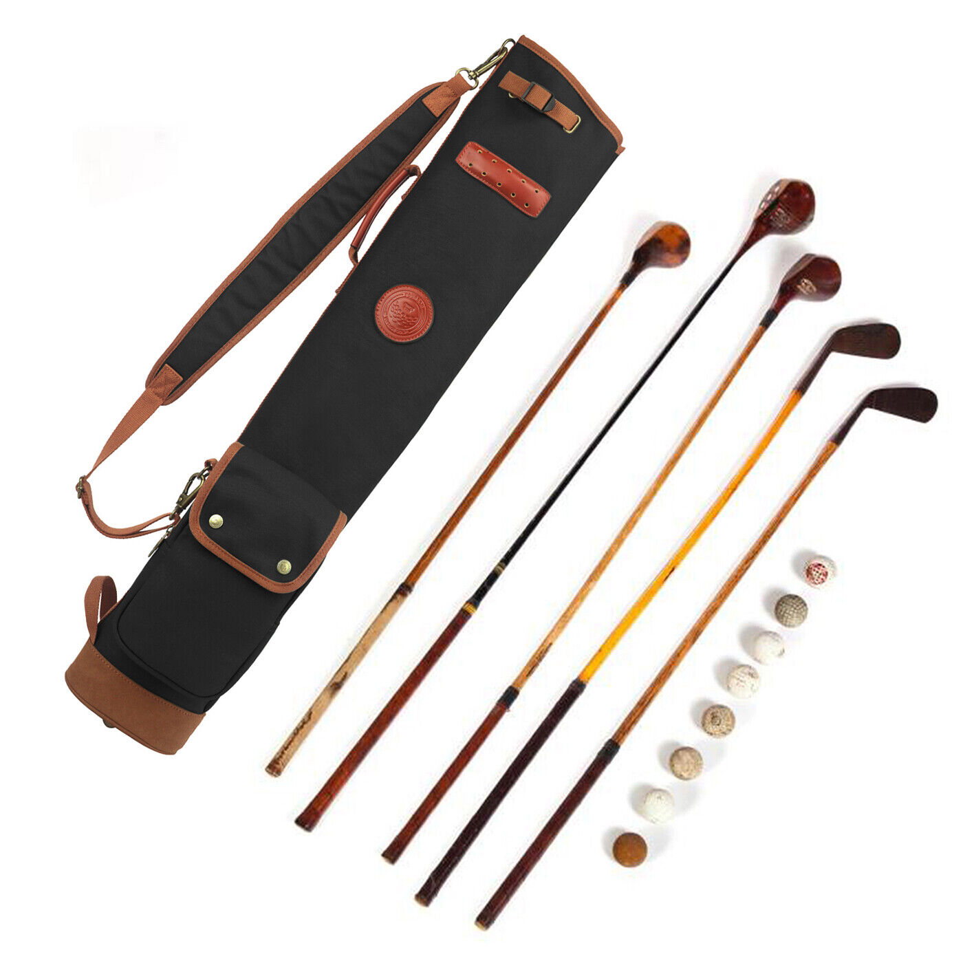 TOURBON Vintage Golf Bag Canvas & Leather Sunday Golf Carry Bag Shoulder Strap 24Hr Smart