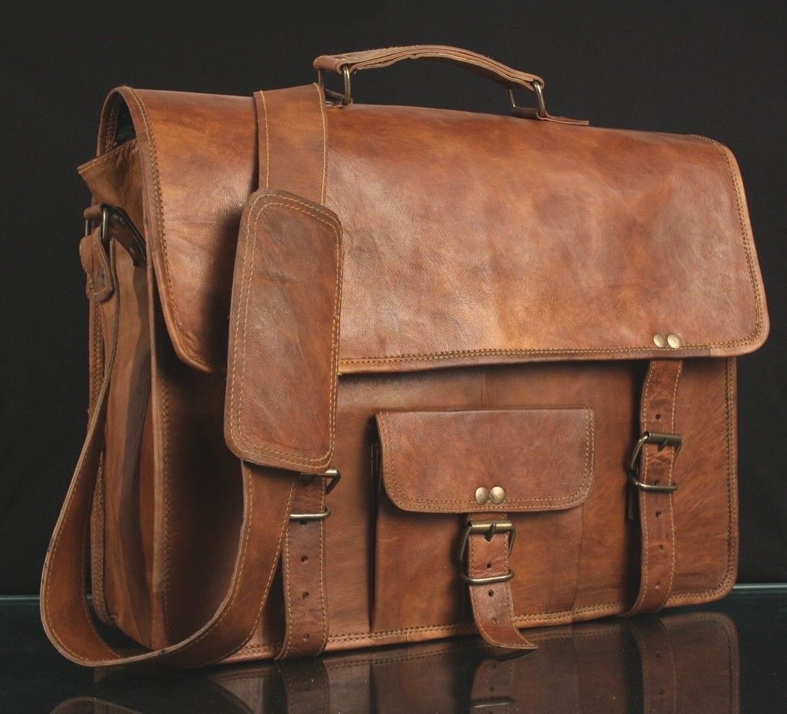 Laptop Bag Men's Genuine Vintage Brown Leather Messenger Shoulder Briefcase 24Hr Smart