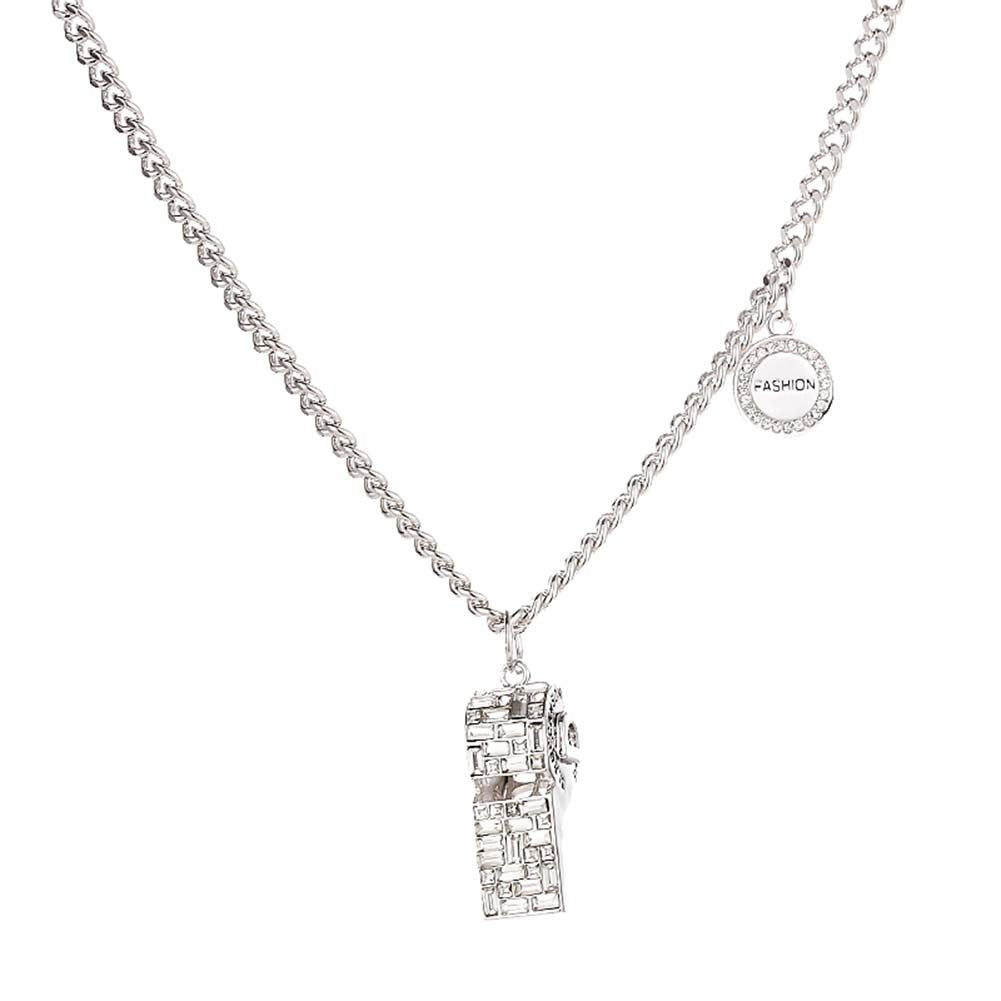 Rhinestone Whistle Pendant Necklace Stainless Steel Womens Elegant Chain Jewelry