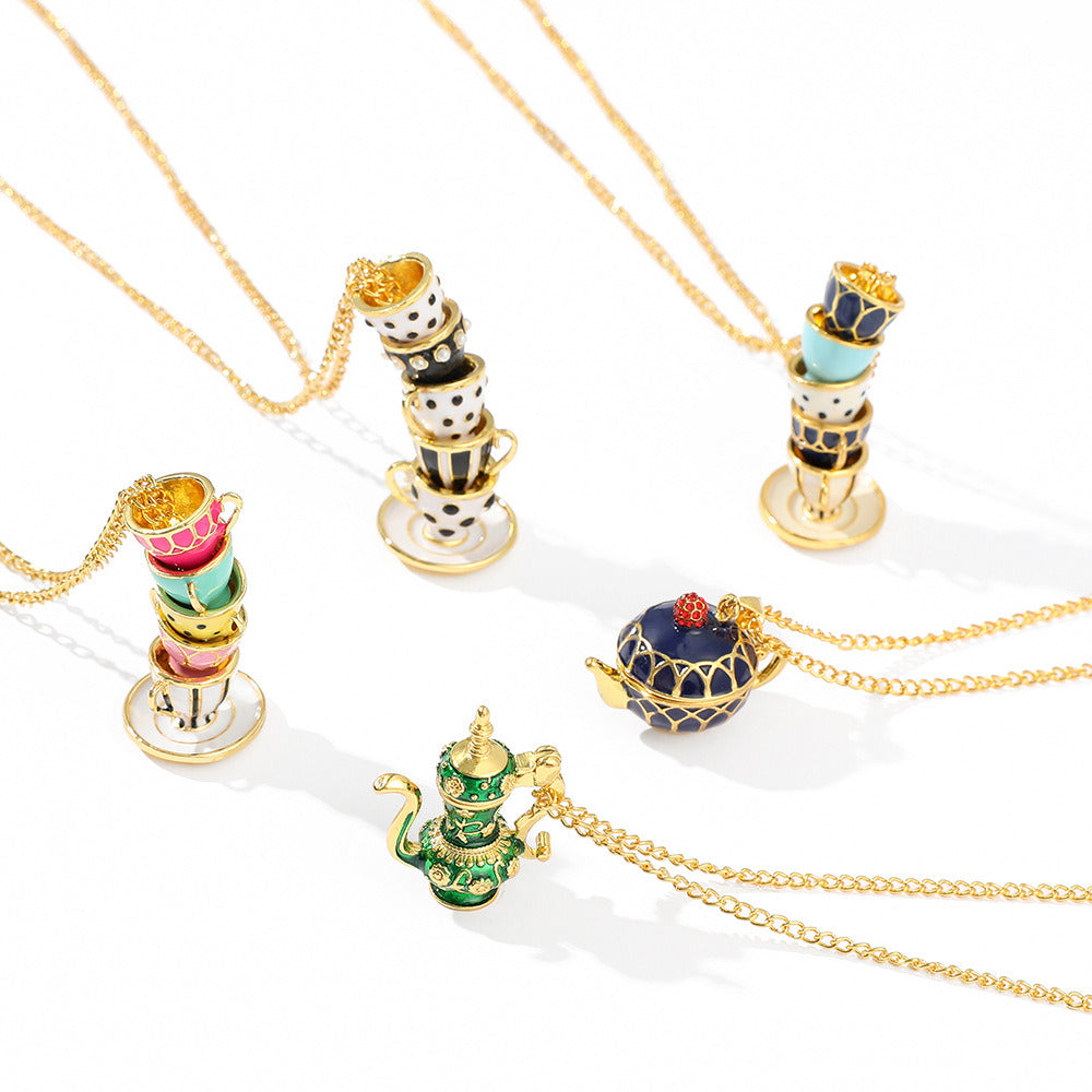 Fashion Jewelry Long Magic Multiple Enamel Glaze Tea Cup Pendant Necklace