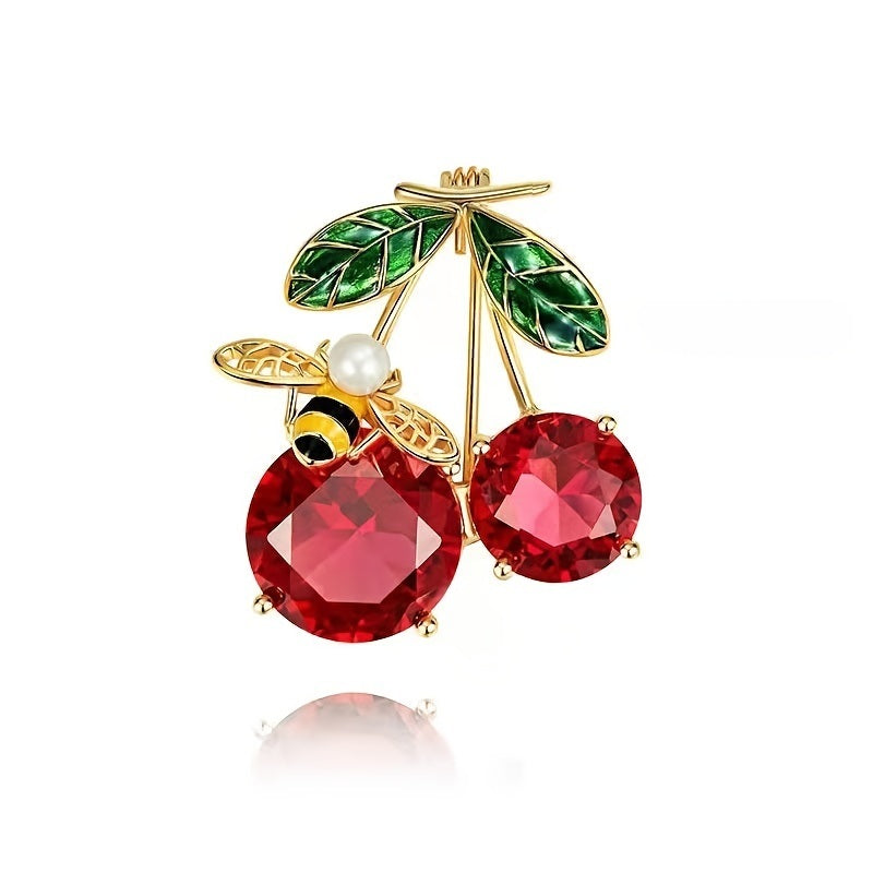 Cute Bee Cherry Rhinestone Brooch Pin For Women Girls Fashion Gold Tone Shell Faux Pearl Red Enameled Animal Fruit Brooches Lapel Pins Dainty Dress Accessories Jewelry For Hat Bag Suit Tie