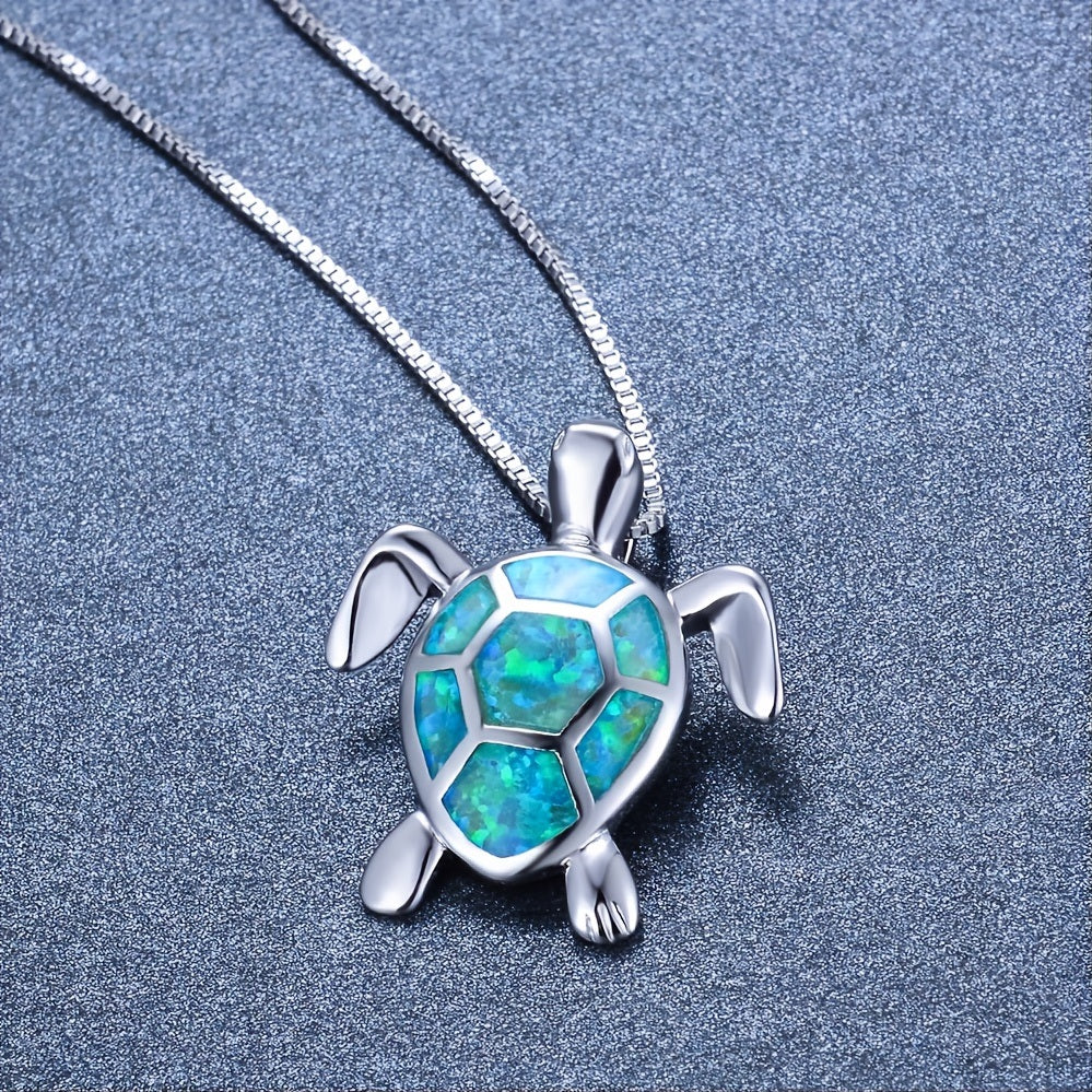 Bohemian Fire Opal Necklace For Women Silver Color Blue White Green With Large Tortoise Pendants