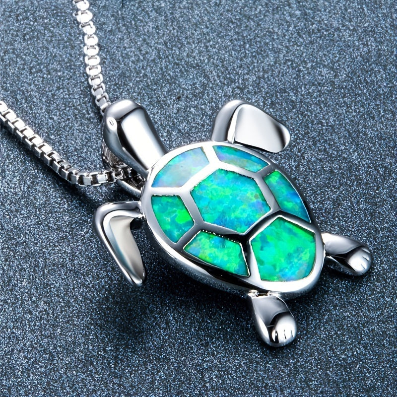Bohemian Fire Opal Necklace For Women Silver Color Blue White Green With Large Tortoise Pendants