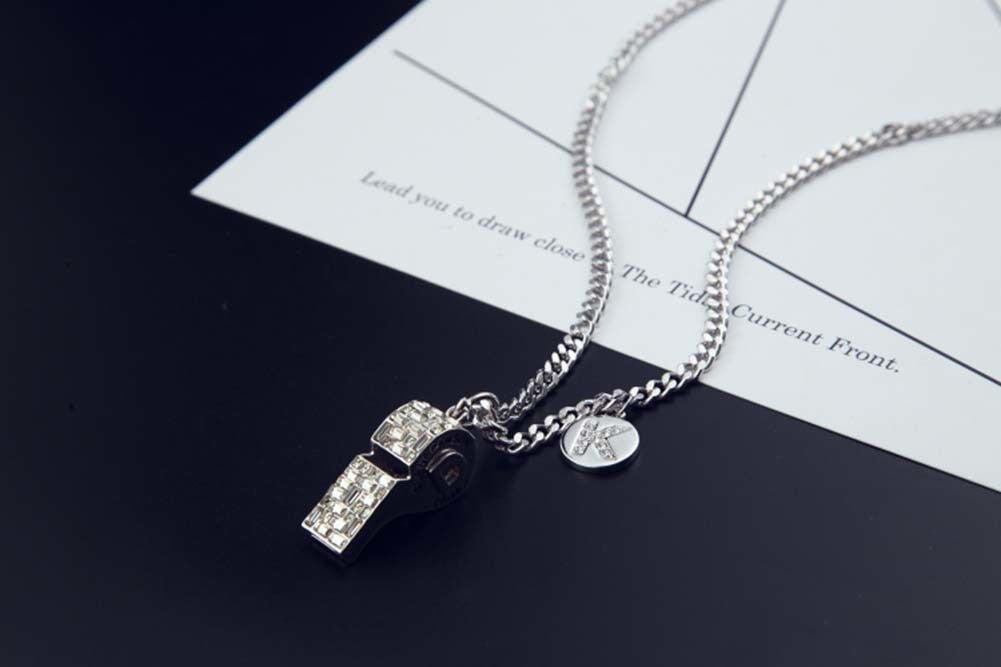 Rhinestone Whistle Pendant Necklace Stainless Steel Womens Elegant Chain Jewelry