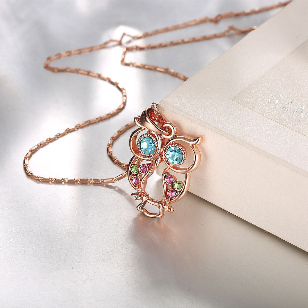 Women Sweater Long Chain Necklaces Cute Animal Owl Pendant Crystal Pendant Necklaces Accessories Plated Rose Gold Jewelry