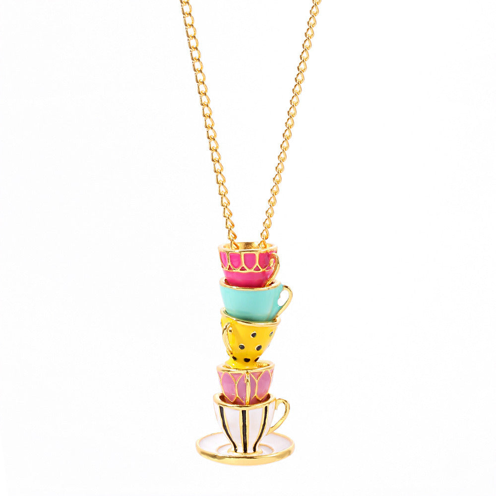 Fashion Jewelry Long Magic Multiple Enamel Glaze Tea Cup Pendant Necklace
