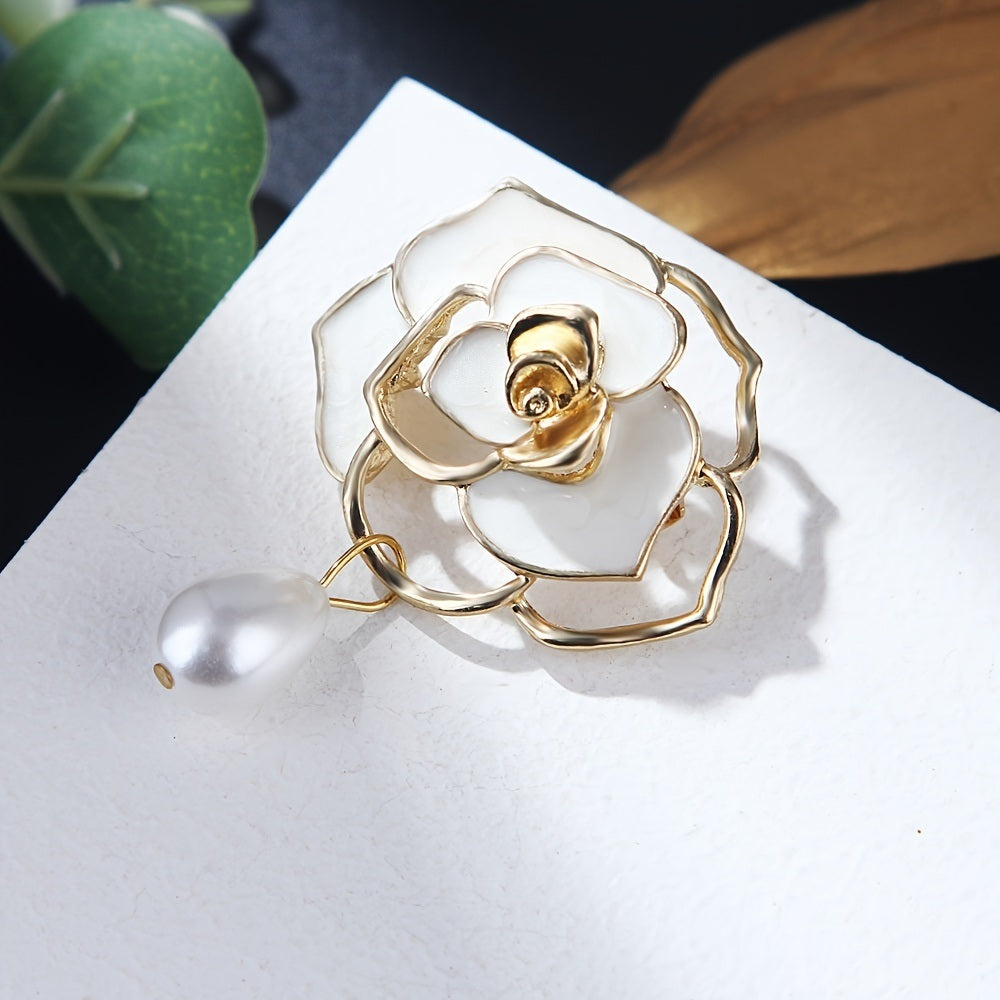 Camellia Flower Brooch Pin For Women Girl Gifts White Enamel Flower With Simulated Pearl Pendant Fashion Costume Safety Pin Comfortable Dress Clothes Scarf Hat Backpacks Purse Decorative Accessories