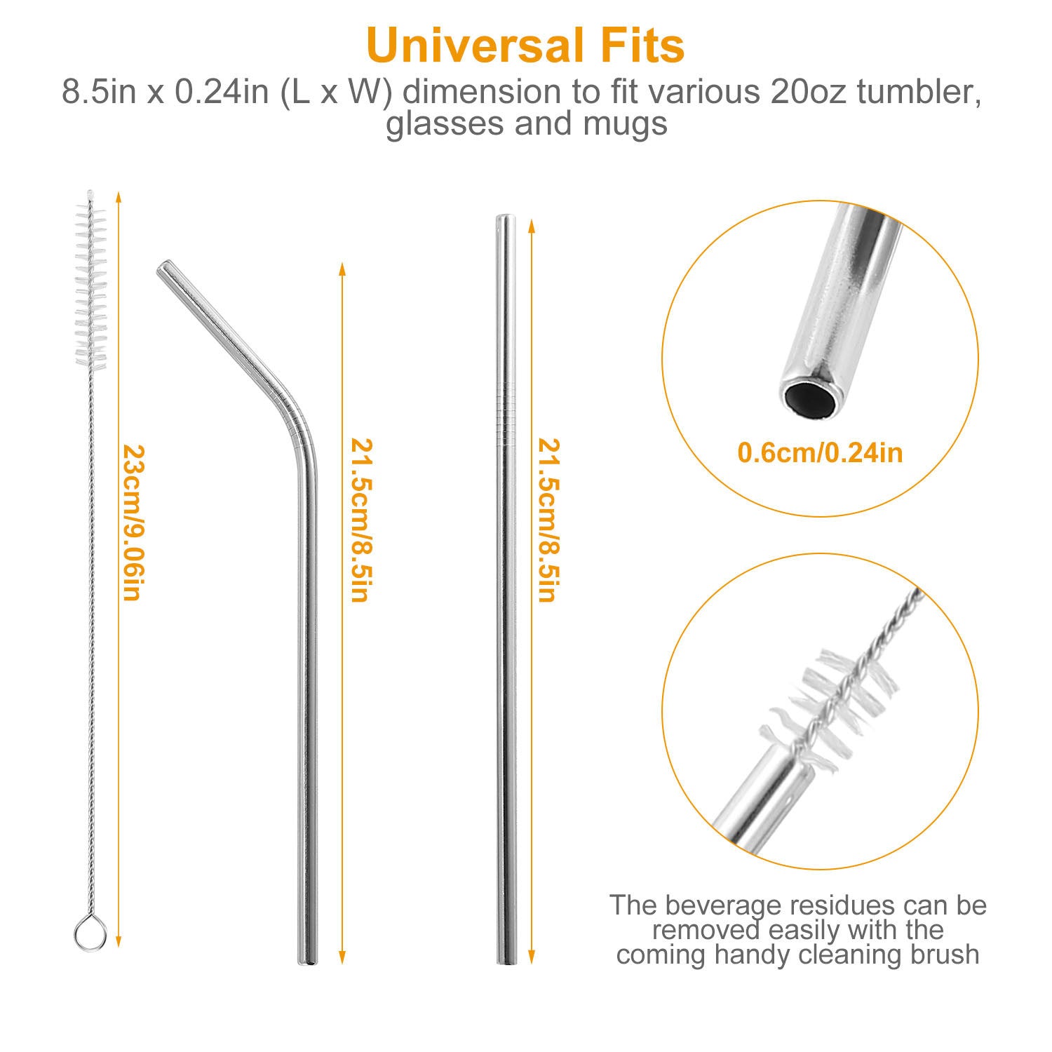 10Pcs 8.5in Stainless Steel Drinking Straws Reusable Metal Drinking Straws for 20oz Tumbler