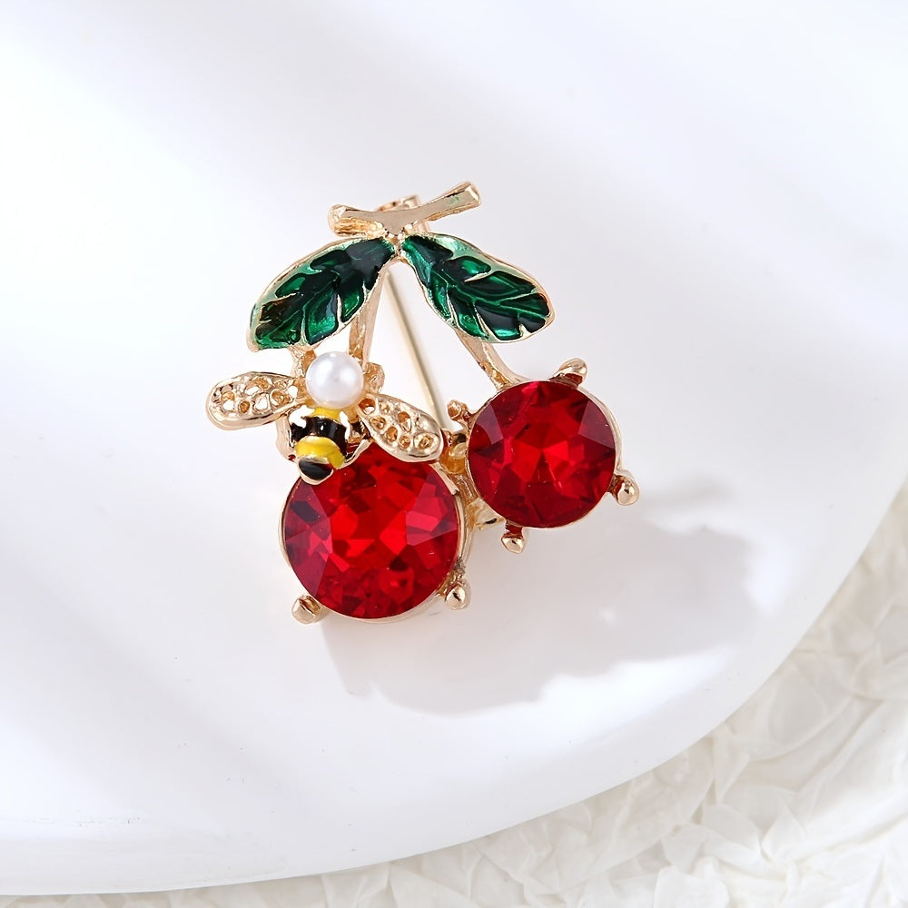 Cute Bee Cherry Rhinestone Brooch Pin For Women Girls Fashion Gold Tone Shell Faux Pearl Red Enameled Animal Fruit Brooches Lapel Pins Dainty Dress Accessories Jewelry For Hat Bag Suit Tie