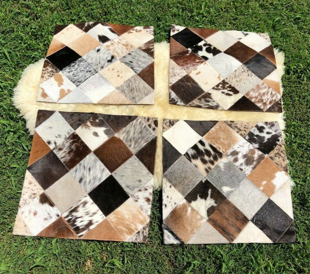 Cowhide Pillows Cushion Covers Leather Real Cow Hide Skin Patchwork 16" x 16" (Set of 2 Covers) 24Hr Smart