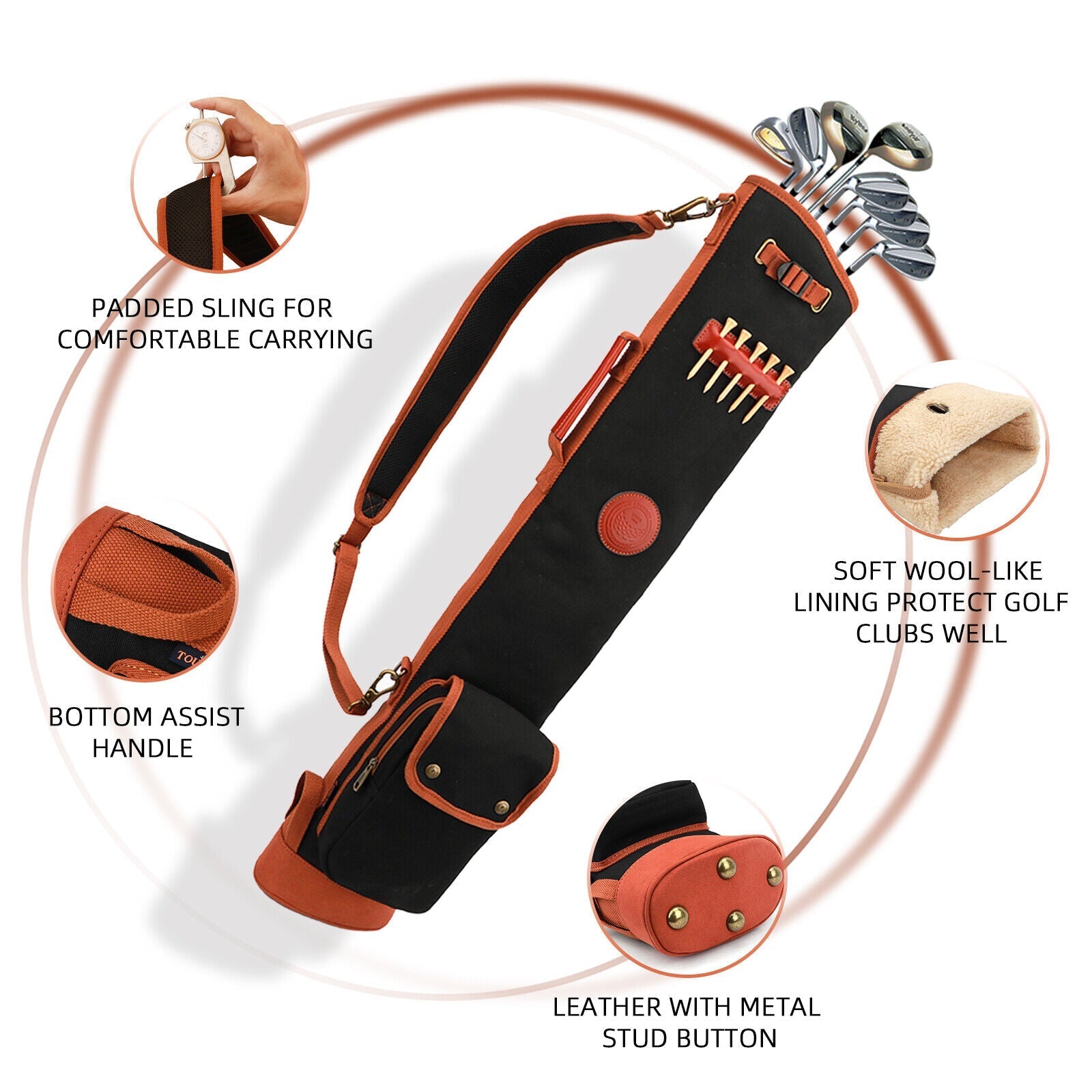 TOURBON Vintage Golf Bag Canvas & Leather Sunday Golf Carry Bag Shoulder Strap 24Hr Smart