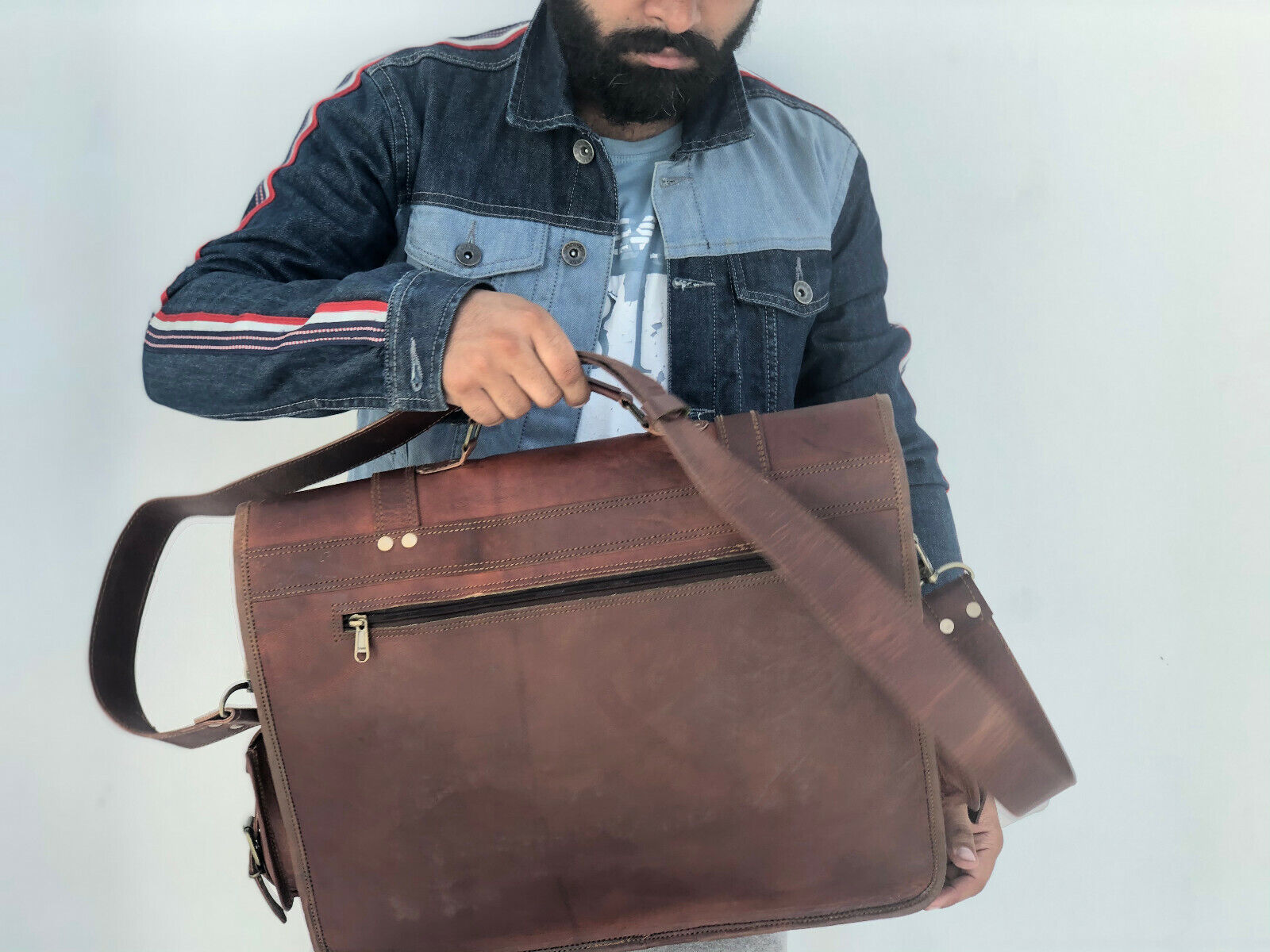 Men Vintage Briefcase Satchel Flap Design Leather Laptop Messenger Bag Shoulder 24Hr Smart