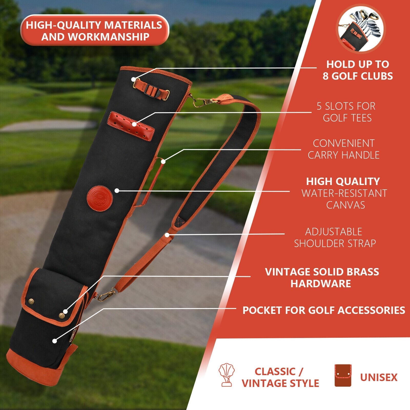 TOURBON Vintage Golf Bag Canvas & Leather Sunday Golf Carry Bag Shoulder Strap 24Hr Smart