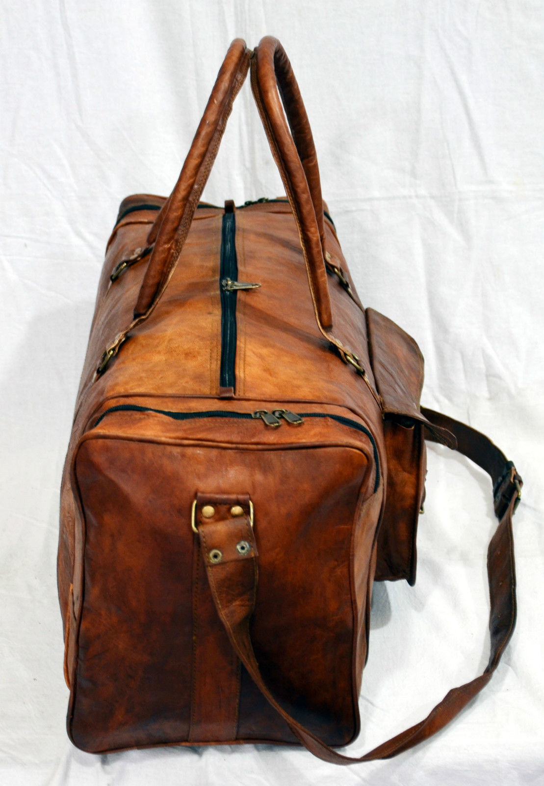 New Men's genuine Brown Leather Retro vintage Large Round duffle travel gym bag 24Hr Smart