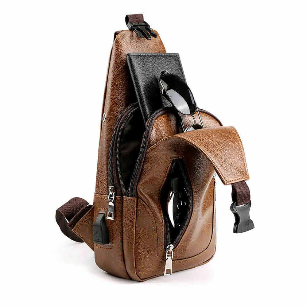 Men Chest Bag PU Leather Sling Fanny Pack Shoulder Backpack w USB Charging Port 24Hr Smart