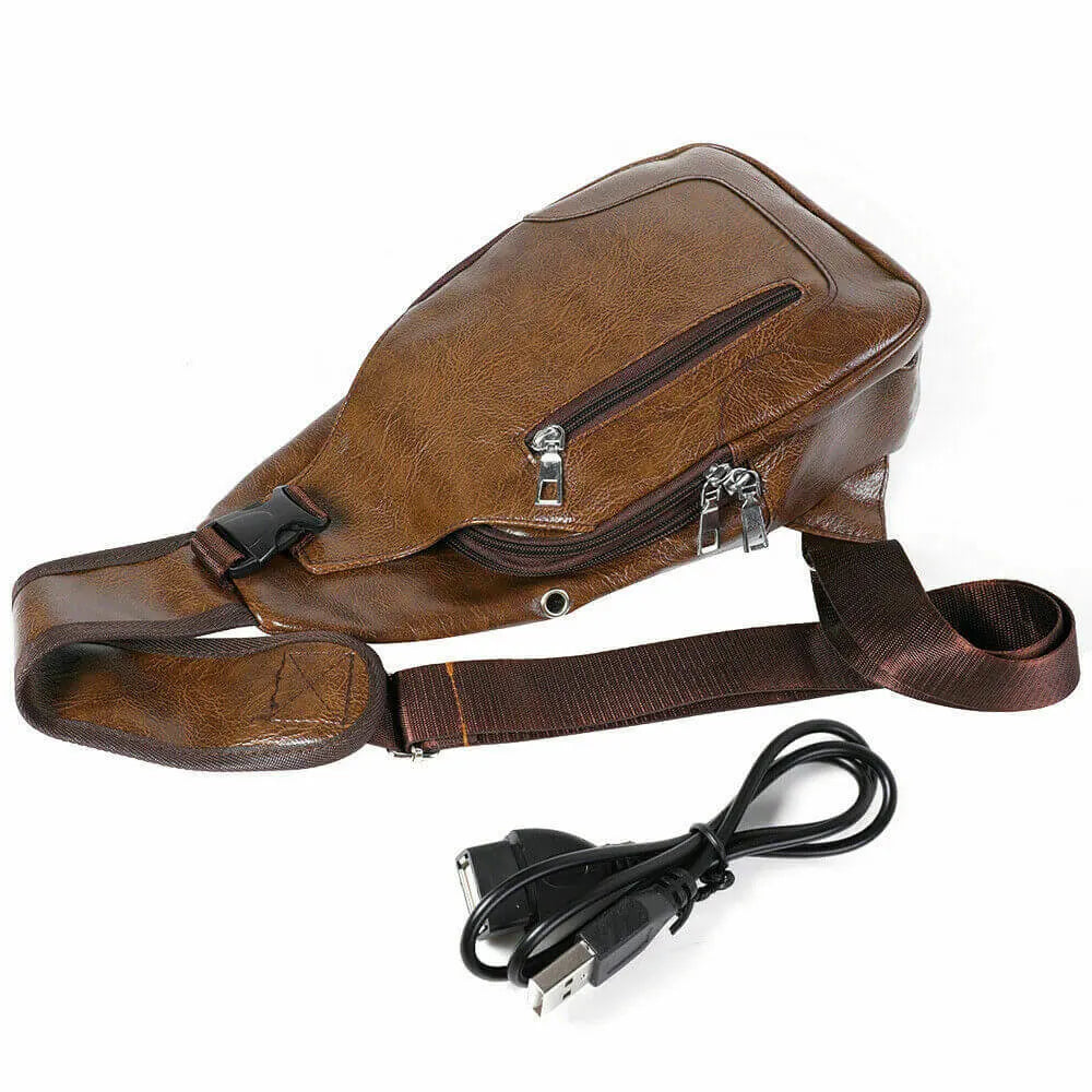 Men Chest Bag PU Leather Sling Fanny Pack Shoulder Backpack w USB Charging Port 24Hr Smart