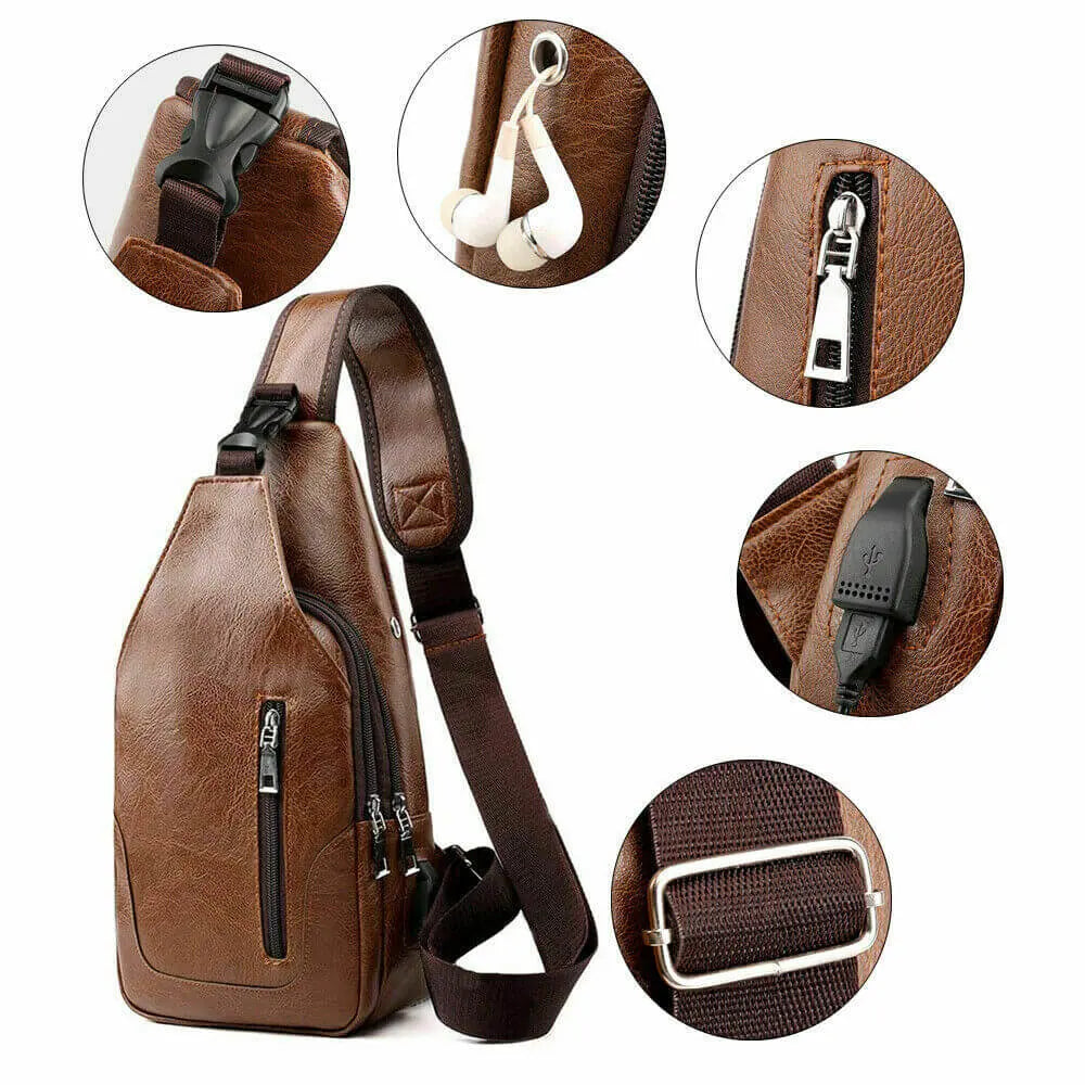 Men Chest Bag PU Leather Sling Fanny Pack Shoulder Backpack w USB Charging Port 24Hr Smart