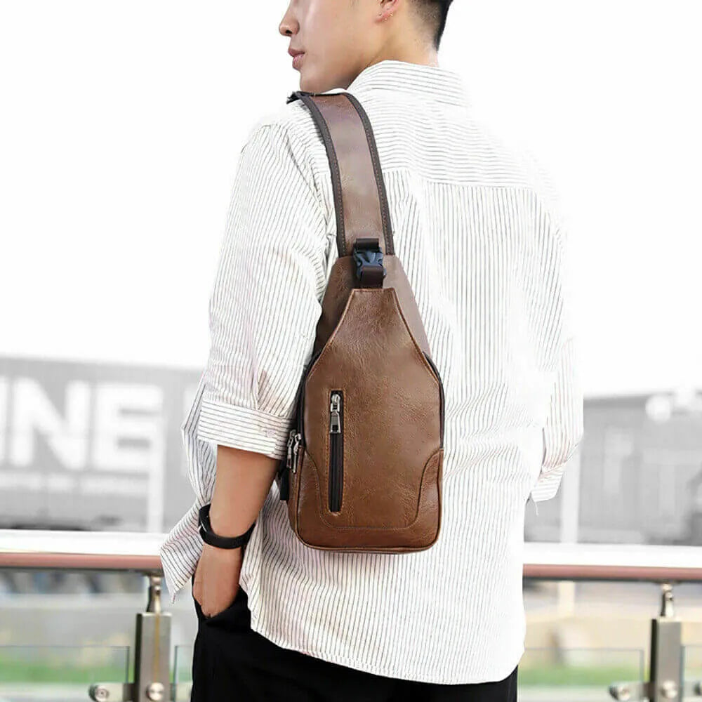Men Chest Bag PU Leather Sling Fanny Pack Shoulder Backpack w USB Charging Port 24Hr Smart