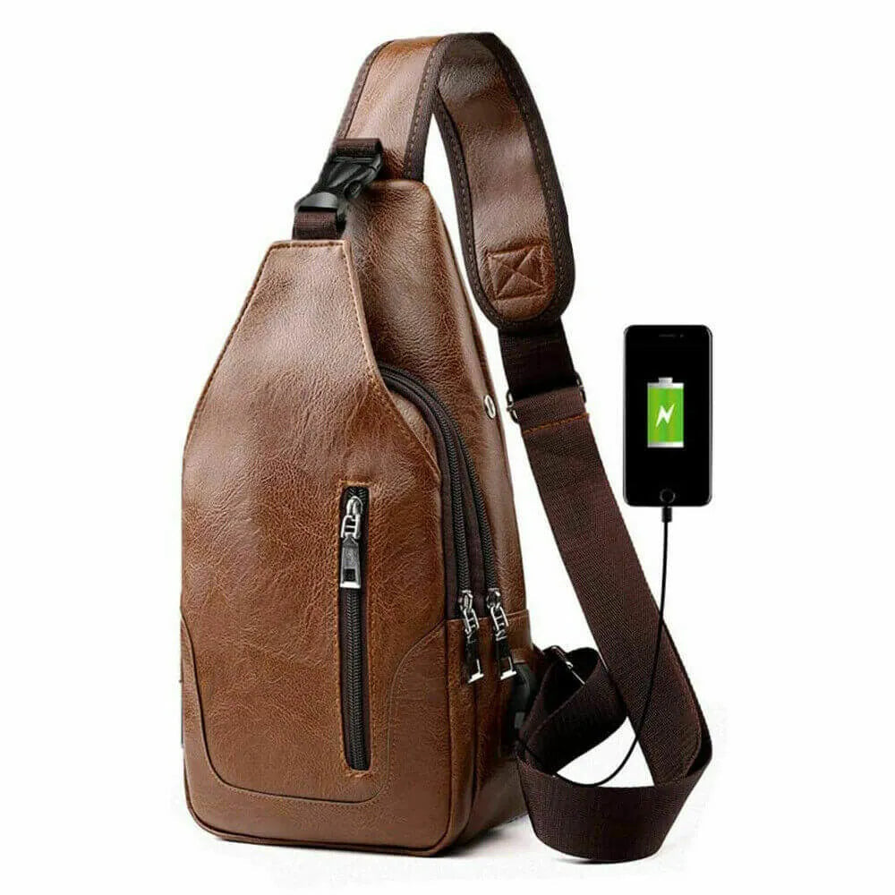 Men Chest Bag PU Leather Sling Fanny Pack Shoulder Backpack w USB Charging Port 24Hr Smart