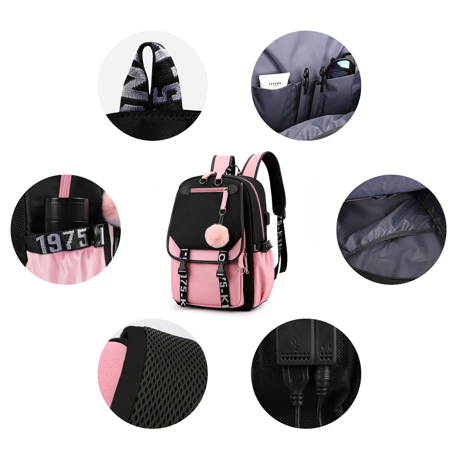 Women School Bag Oxford Waterproof Girls Backpack Rucksack w/ USB Charging Port 24Hr Smart