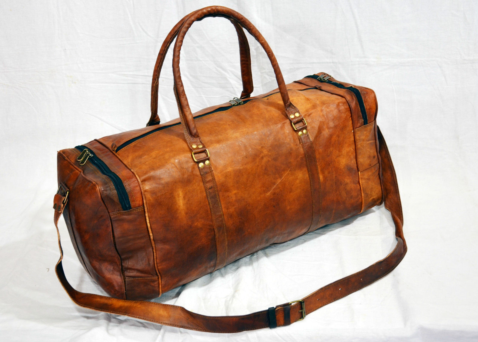 New Men's genuine Brown Leather Retro vintage Large Round duffle travel gym bag 24Hr Smart