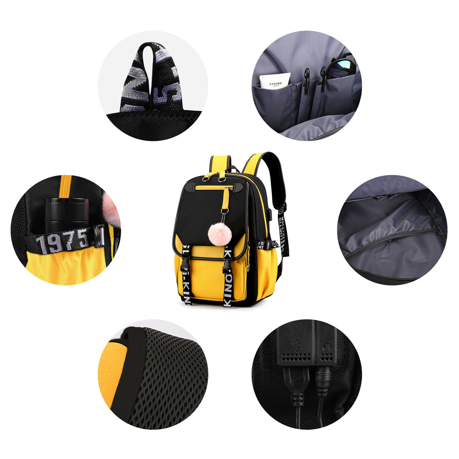 Women School Bag Oxford Waterproof Girls Backpack Rucksack w/ USB Charging Port 24Hr Smart