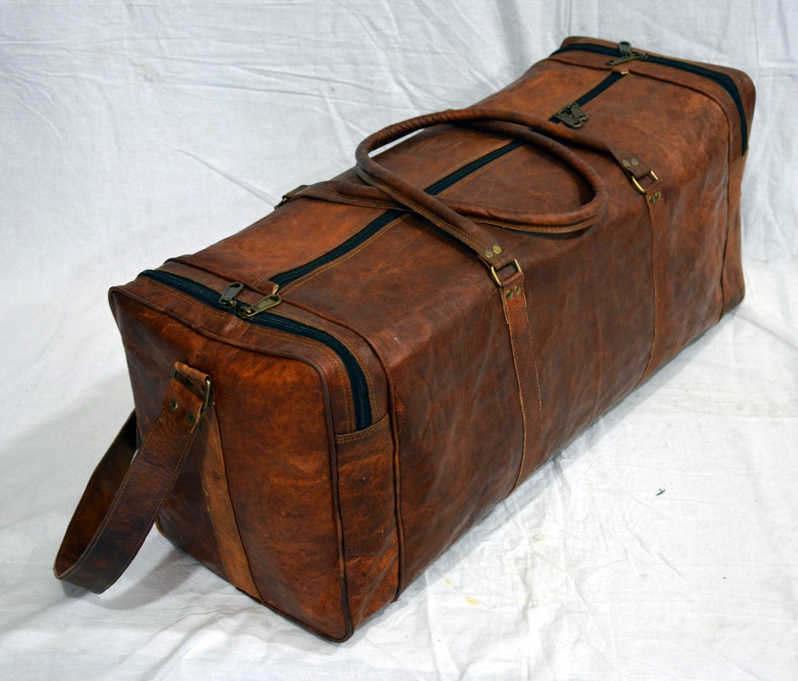 New Men's genuine Brown Leather Retro vintage Large Round duffle travel gym bag 24Hr Smart