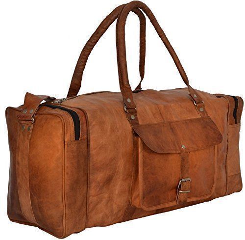 New Men's genuine Brown Leather Retro vintage Large Round duffle travel gym bag 24Hr Smart