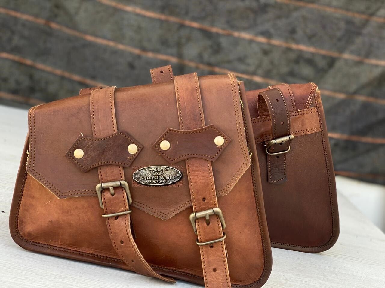 Leather Motorcycle Bags 3 Pouch Side Three Panniers ( 2 Saddel Bag+1 Tool Bag) 24Hr Smart