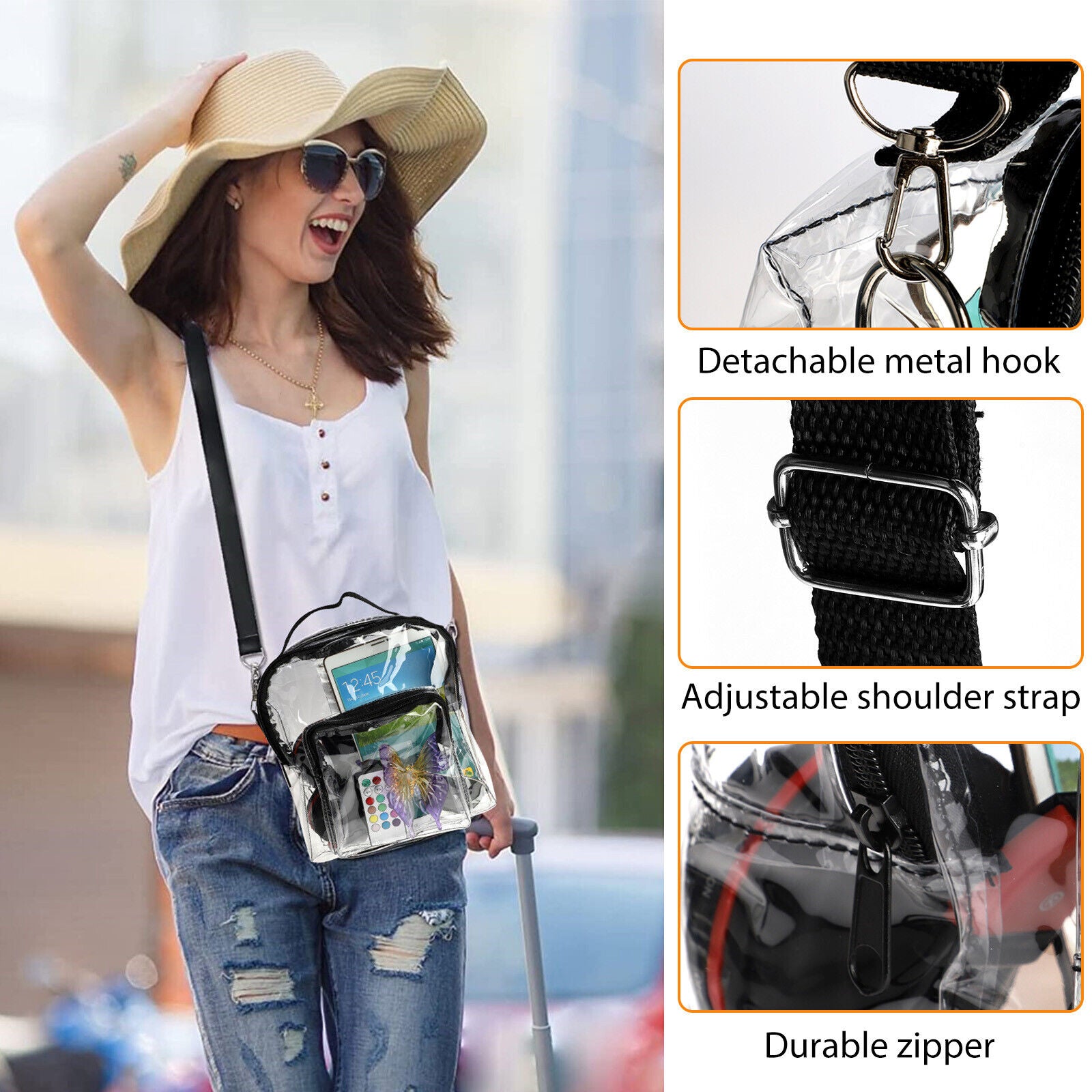 Clear PVC Tote Crossbody Bag Women Transparent Purse Stadium Shoulder Handbag 24Hr Smart